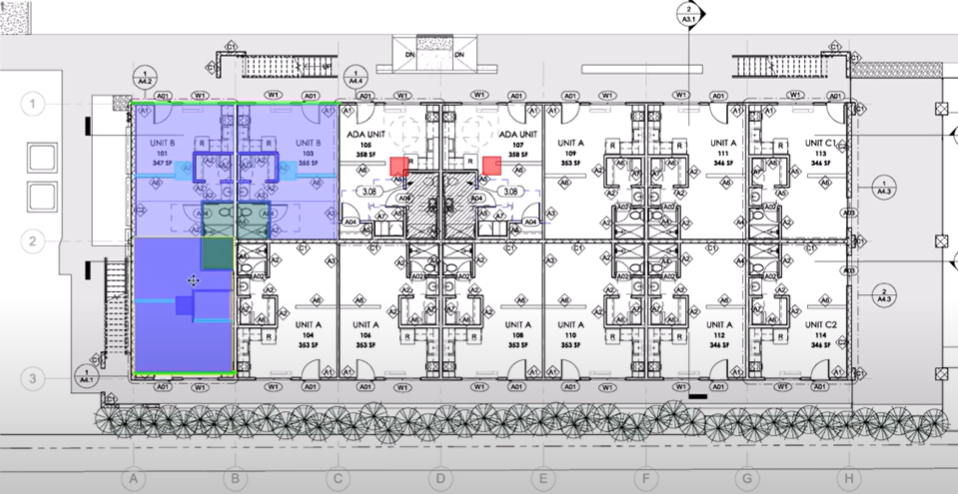 The same floor plan previously shown, with the repeated layouts now measured using the Typical Groups function.