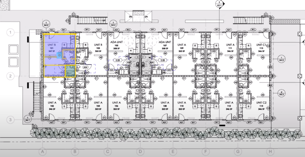 A floor plan uploaded in On-Screen Takeoff showing takeoff measurements outlined for one section of a repeated floor plan.