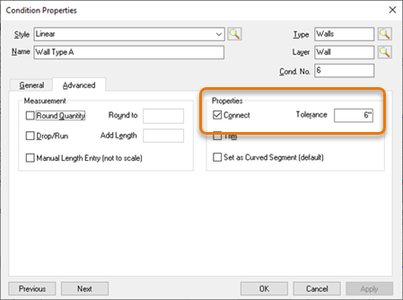 The On-Screen Takeoff Linear Condition Properties dialog box showing the Advanced tab