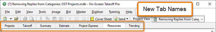 Screenshot of On-Screen Takeoff Pro showing new program tab names