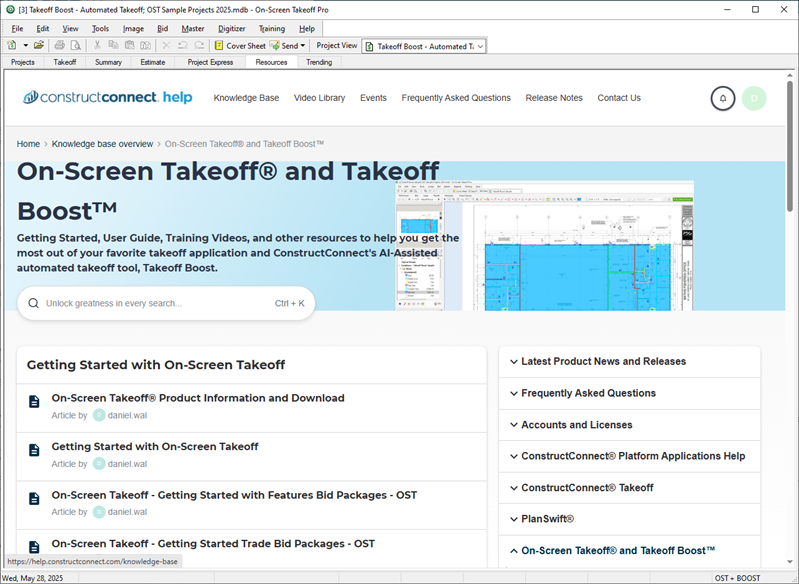 A screenshot of the Online Help landing page displayed in On-Screen Takeoff’s Resource Tab