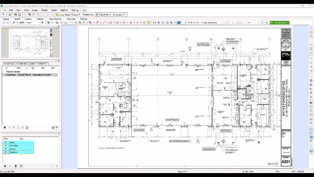 Animated GIF of On-Screen Takeoff showing a digital blueprint with measurements and takeoff tools in use.