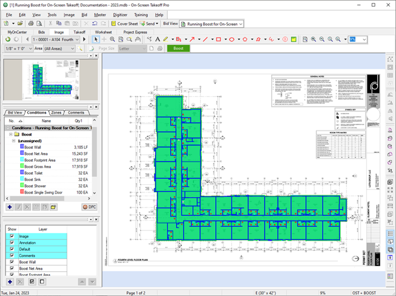 On-Screen Takeoff showing a page full of walls, areas, and counts returned by Takeoff Boost.