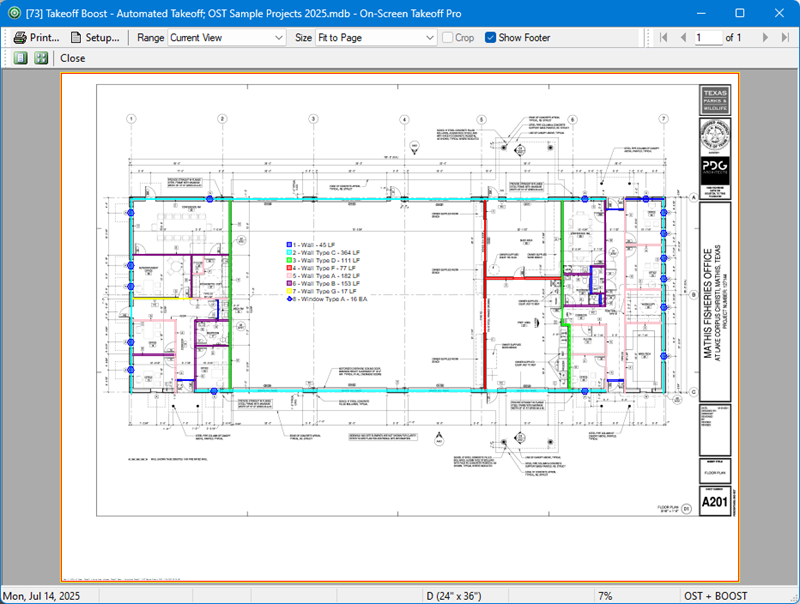 The On-Screen Takeoff print preview screen showing a plan with takeoff and the image legend.