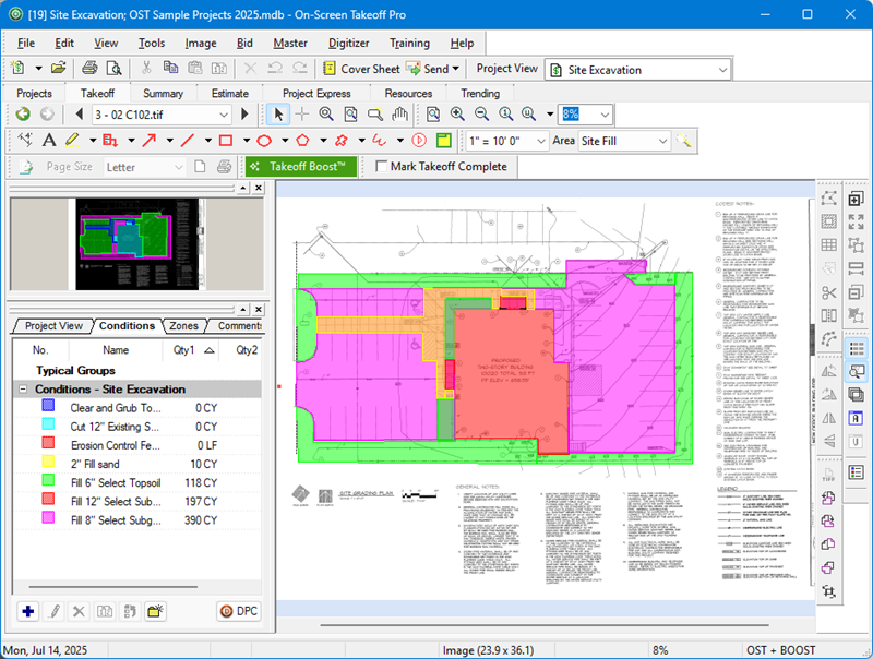 A screenshot of On-Screen Takeoff used to take off excavation and site prep.
