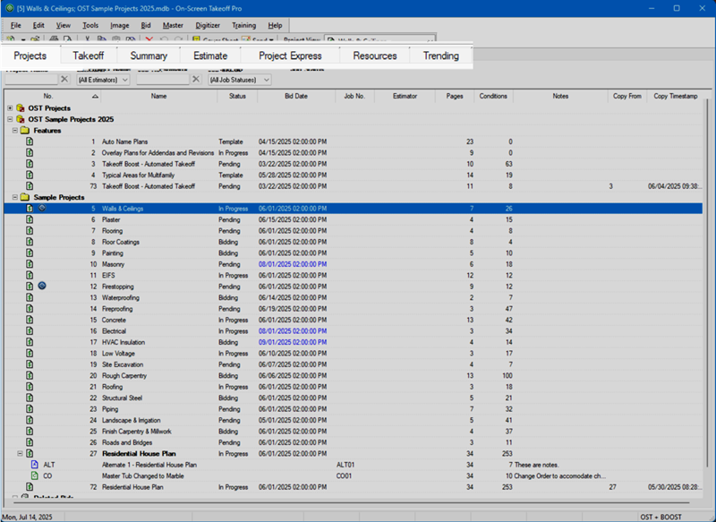 On-Screen Takeoff highlighting Program Tabs that provide access to various functions of the application.