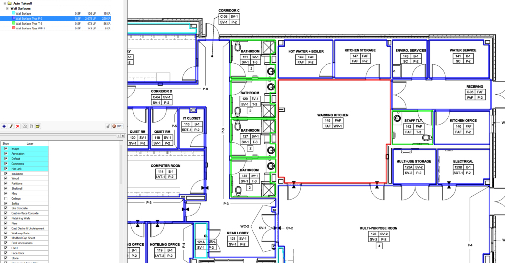 Screenshot of Auto Takeoff showing a floor plan with color-coded wall surface tags and pre-assigned Conditions applied to different rooms and wall finish types.