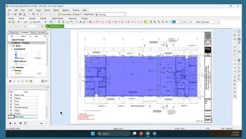 Screenshot of On-Screen Takeoff showing a highlighted floor plan area, calculated net area, and the Conditions and Layers Windows.