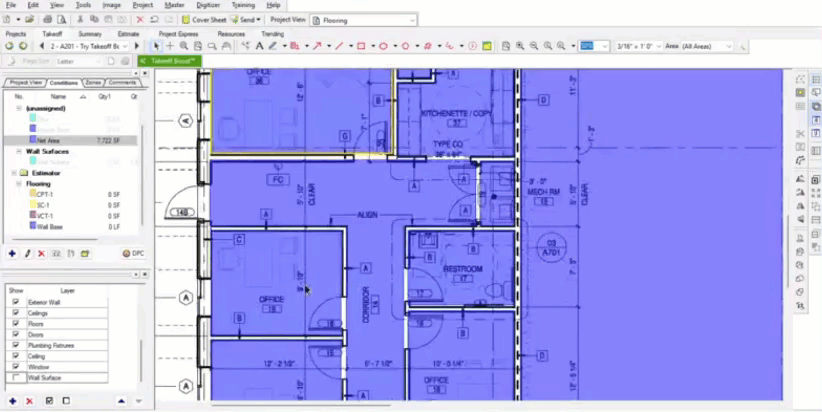 Screengrab of On-Screen Takeoff software assigning floor types to a plan.