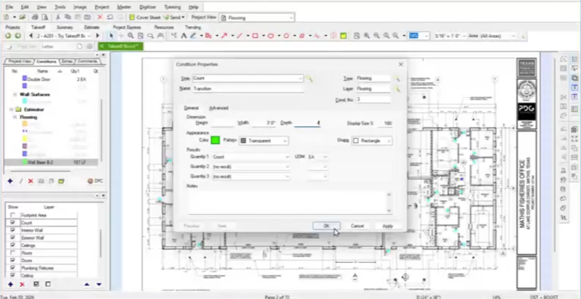 A screenshot of a user creating a custom "Transition Strip" condition in On-Screen Takeoff.