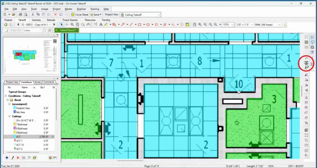 Takeoff Boost results on a ceiling plan. A red circle highlights the "Split Area" tool on the right toolbar.