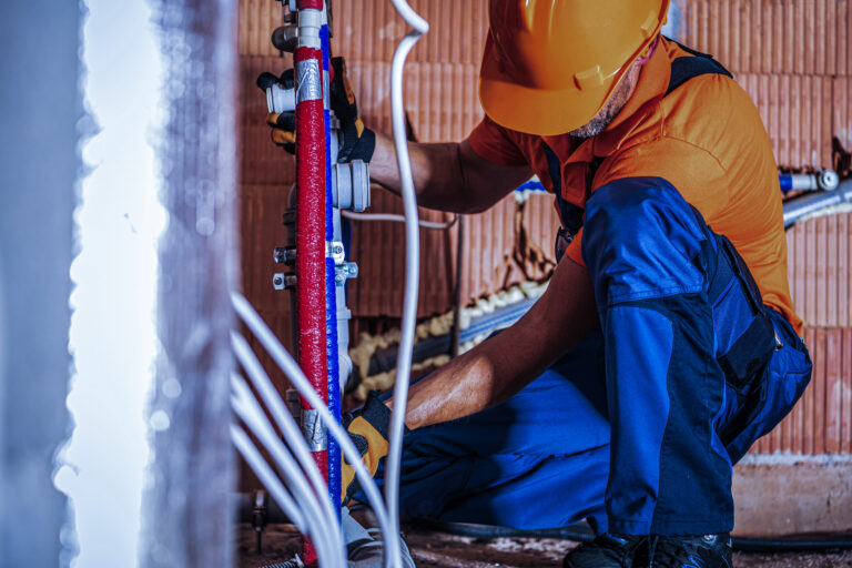 Caucasian,Plumber,Wearing,Orange,Hard,Hat,Installing,Bathroom,Water,Supply